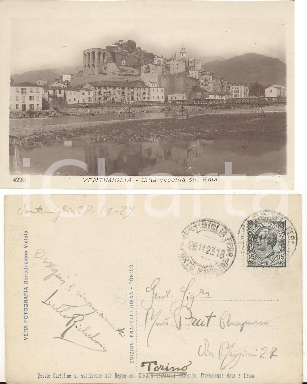 Autografo originale 1923 VENTIMIGLIA (IM) CittÃ  vecchia sul ROIA *Autografo Lello RICHELMY 1