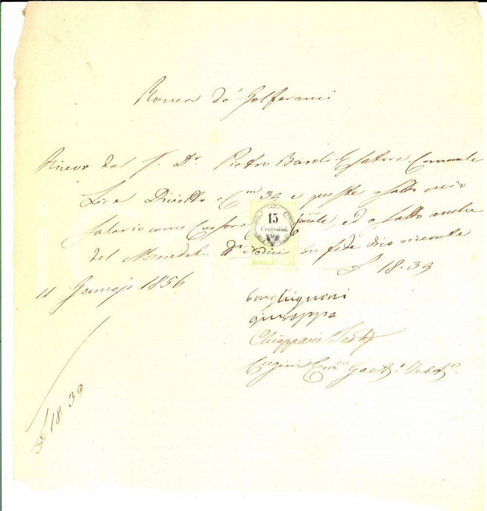 Documento originale, autentico 1856 RONCA DE' GOLFERANI (CR) Onorario di Giuseppe CORGHIGNONI cursore 1
