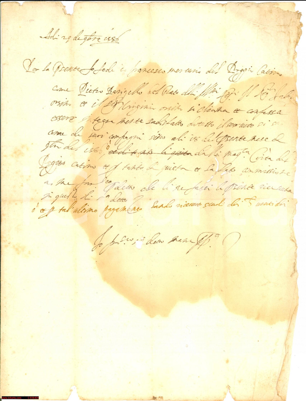 Manoscritto, lettera originale 1586 POGGIO CATINO (RI) Saldo pro Francesco MERCURIO 1