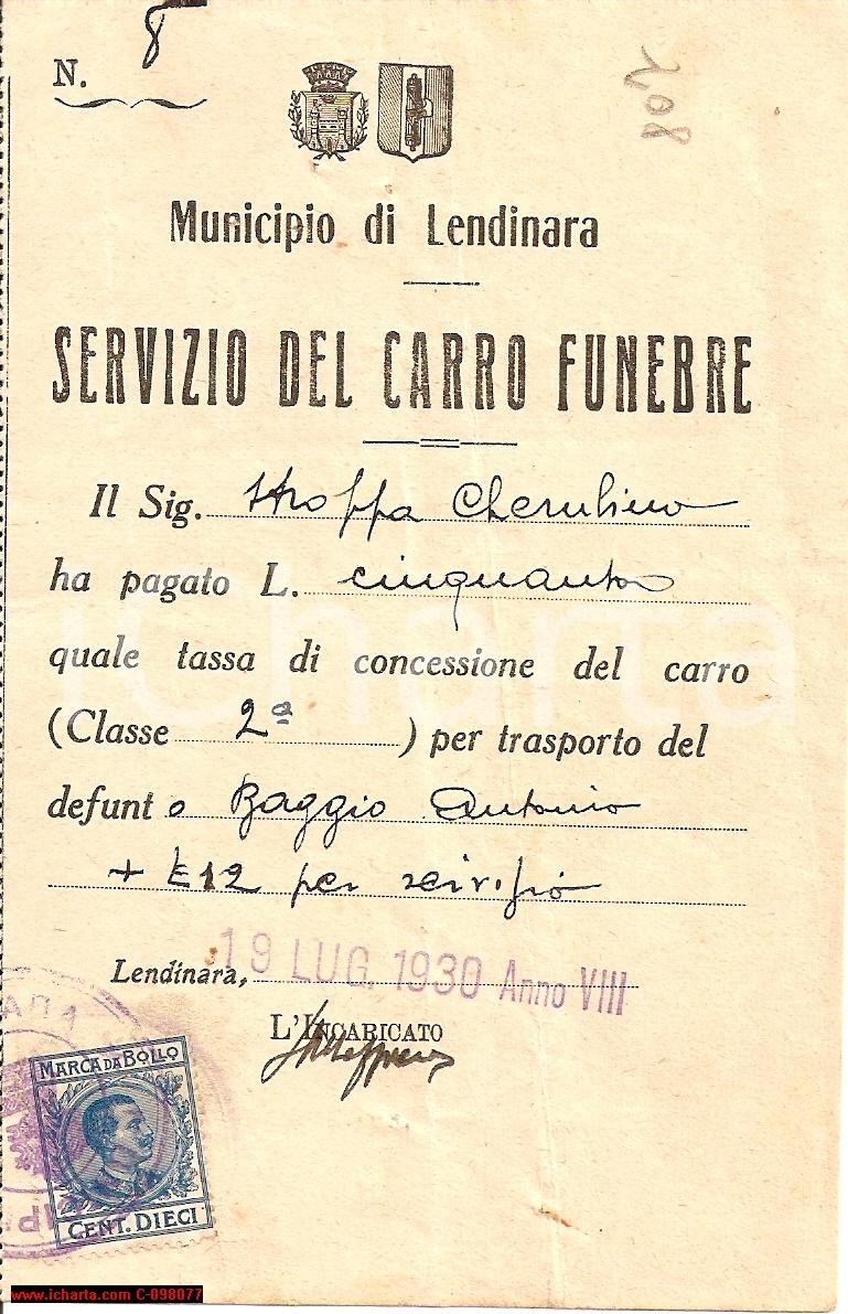 Documento originale, autentico 1930 LENDINARA RO Servizio funebre Antonio RAGGIO Ricevuta 1