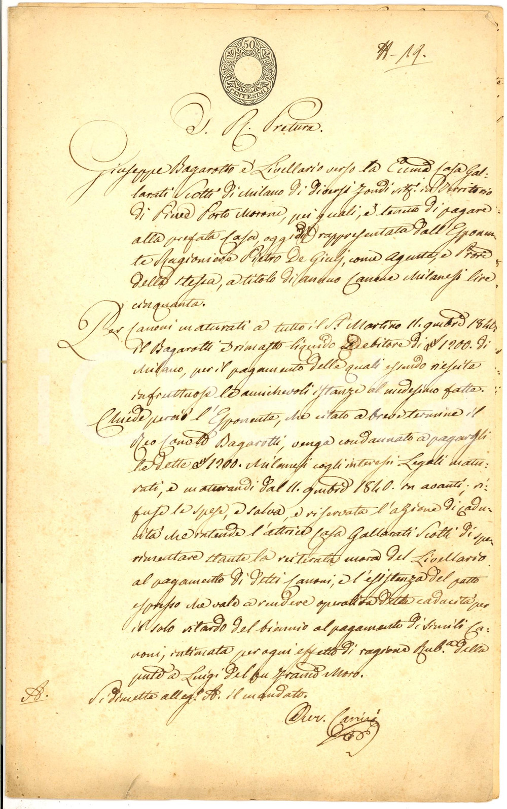 Documento originale, autentico 1840 CORTEOLONA Crediti canoni conte GALLARATI SCOTTI verso Giuseppe BARAGOTTO 1