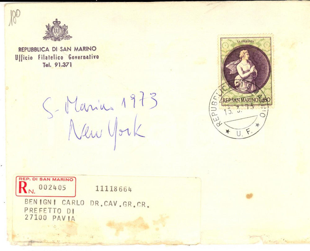 Materiale pubblicitario d’epoca 1973 STORIA POSTALE SAN MARINO Busta raccomandata L. 180 La Speranza 1