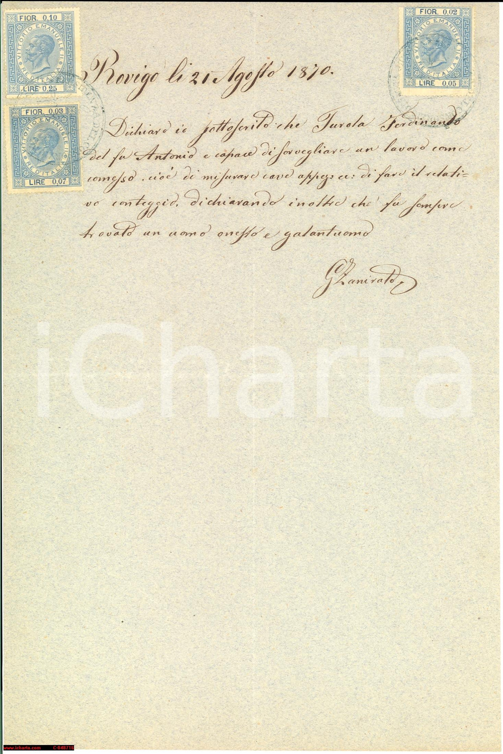 Documento originale, autentico 1870 ROVIGO Ferdinando TUROLA sorvegliante galantuomo 1