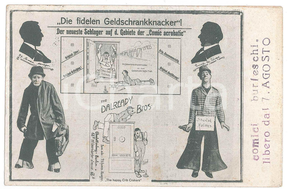 1913 CIRCUS The DALREADY Bros - Comic acrobatic - VINTAGE RARE postcard Cartolina postale d'epoca, con timbro al verso che indica l'attuale presenza degli artisti al Teatro Miramar di Napoli e la disponibilit&agrave; per successive scritture.Viaggiata. GOOD/buono  Formato: 14x9 cm originale e autentica 1