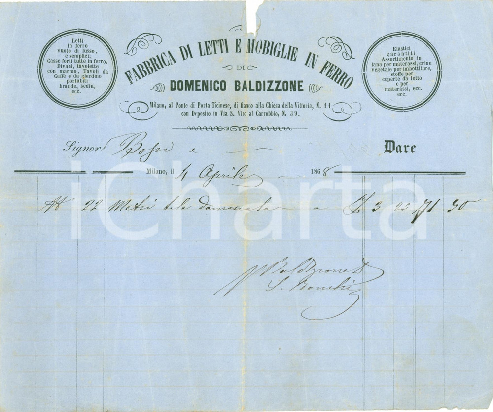 Documento originale, autentico 1868 MILANO Domenico BALDIZZONE letti e mobilie in ferro *Fattura DANNEGGIATA 1