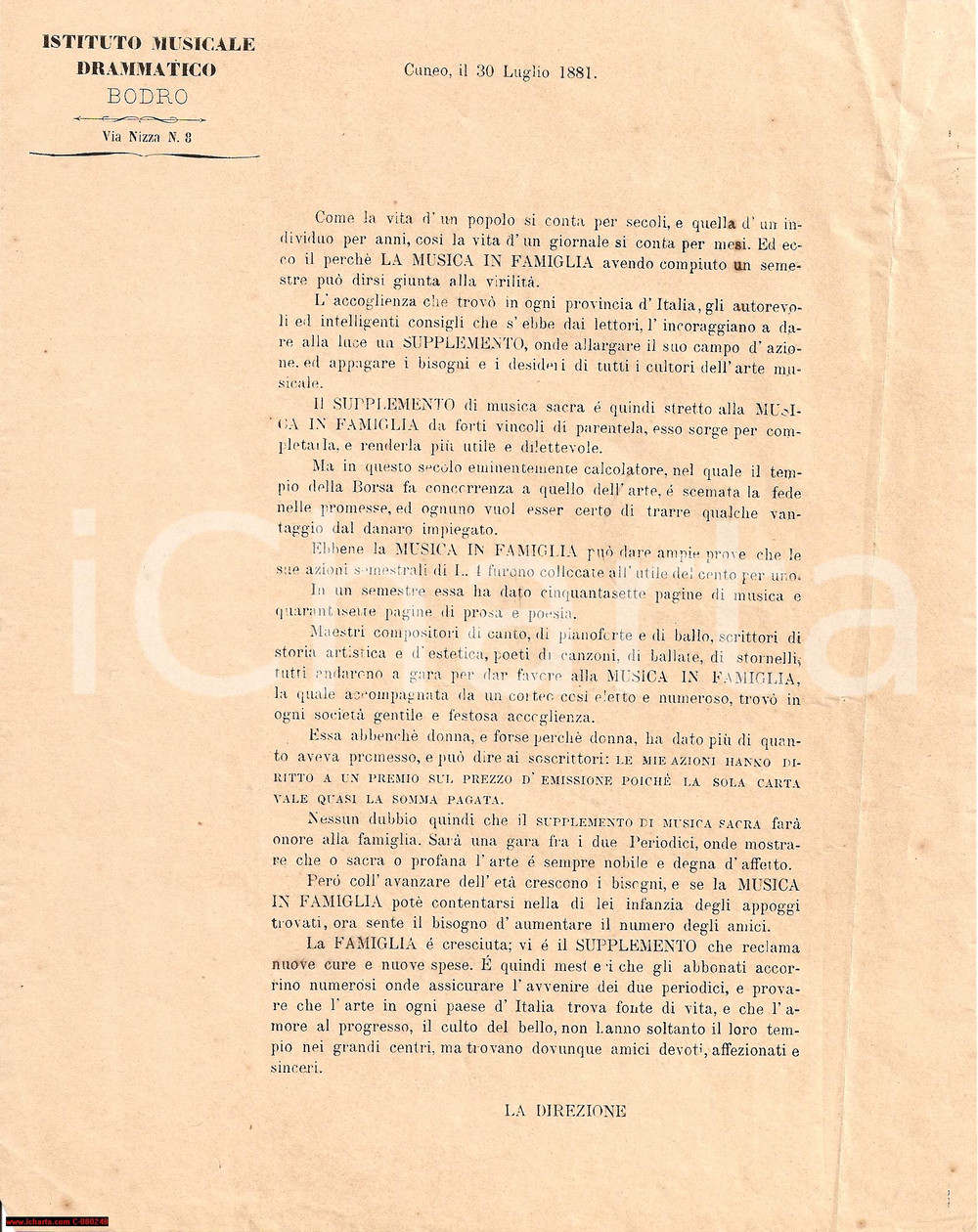 Documento originale, autentico 1881 CUNEO Rivista Istituto Musicale Drammatico BODRO 1