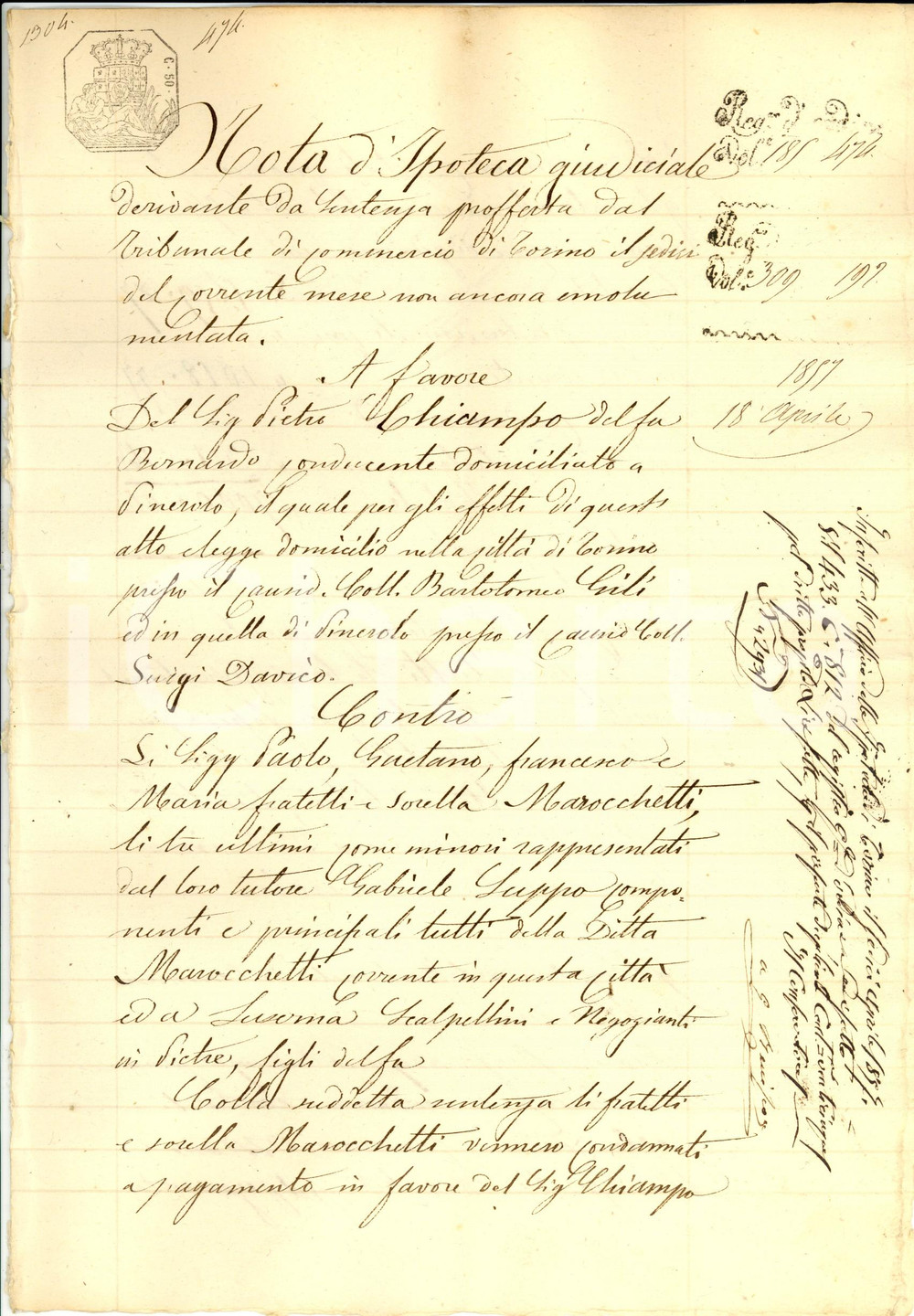 Documento originale, autentico 1857 PINEROLO (TO) Pietro CHIAMPO contro fratelli MAROCHETTI scalpellini LUSERNA 1