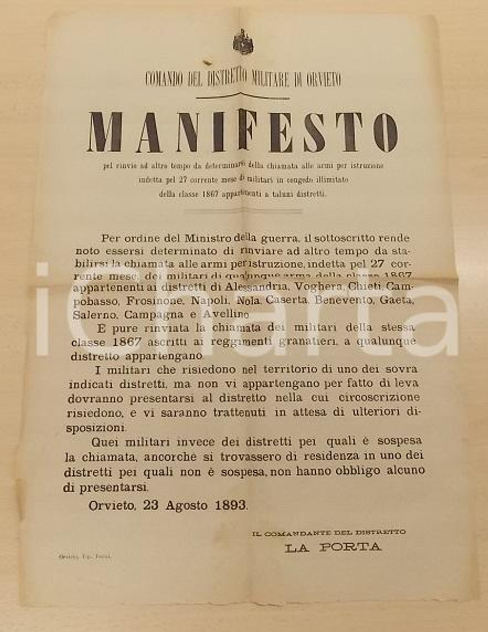 Documento originale, autentico 1893 ORVIETO TR Rinvio chiamata alle armi dei militari in congedo Manifesto 1
