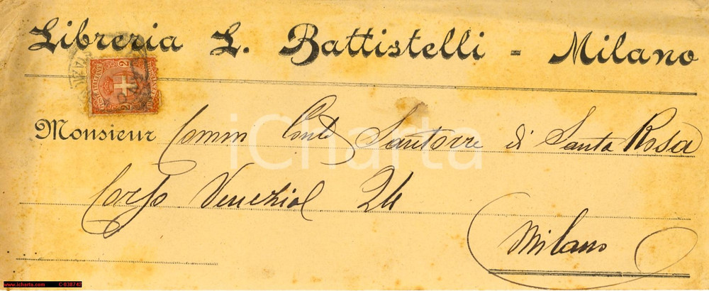 Oggetto da collezione cartaceo 1890 MILANO LIBRERIA L. BATTISTELLI Busta viaggiata (2) 1