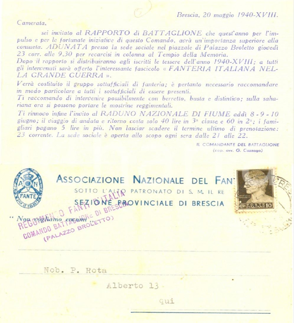 Cartolina originale da collezione 1940 BRESCIA Associazione Nazionale del Fante - Raduno battaglione Cartolina FP 1