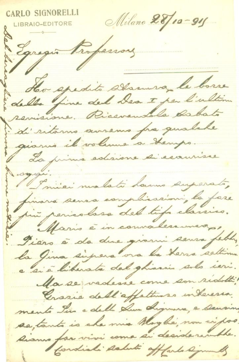 Autografo originale 1915 MILANO Editore Carlo SIGNORELLI Malattie in famiglia AUTOGRAFO 1