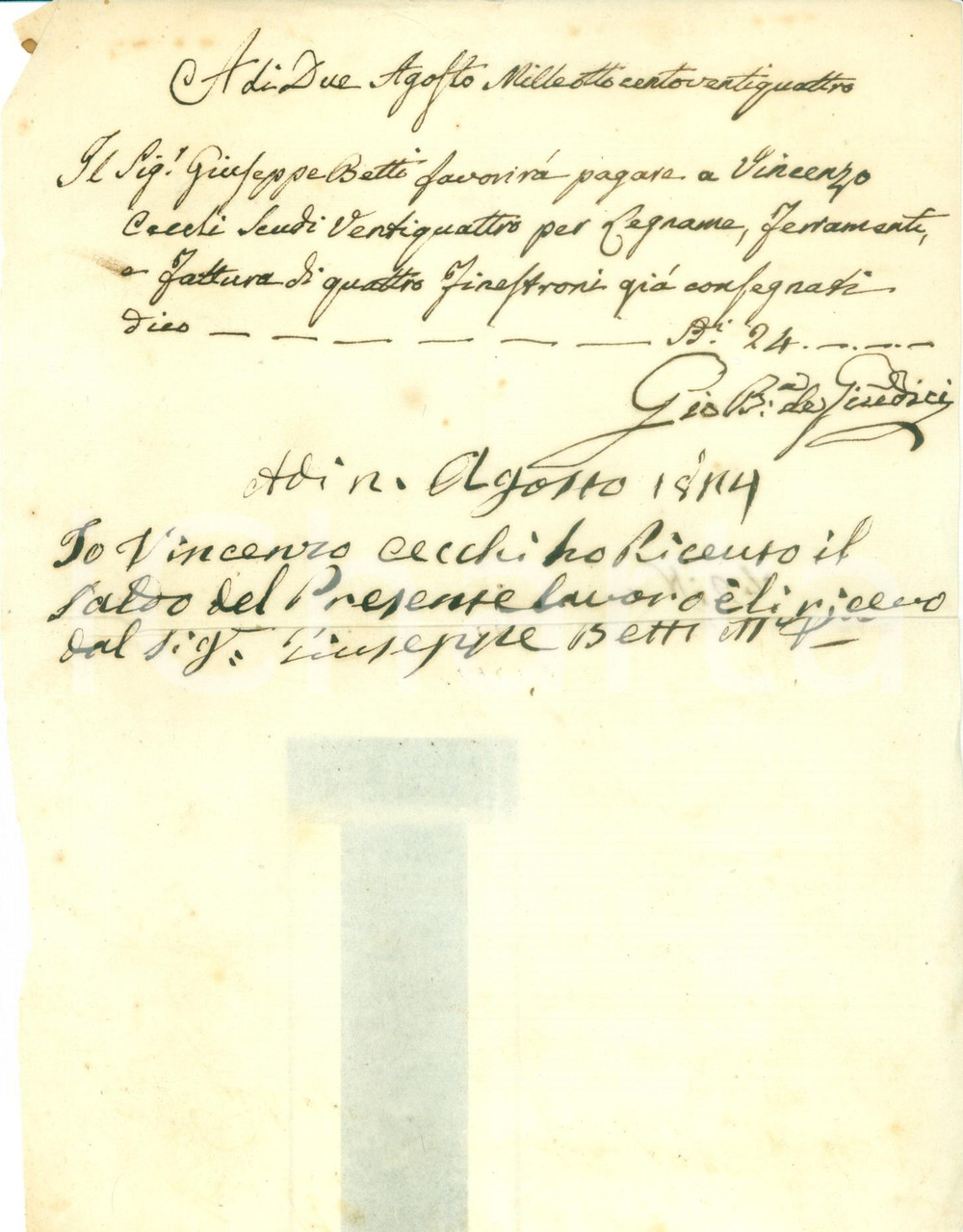 Documento originale, autentico 1824 AREZZO Giuseppe BETTI paga quattro finestroni a Vincenzo CECCHI Documento 1