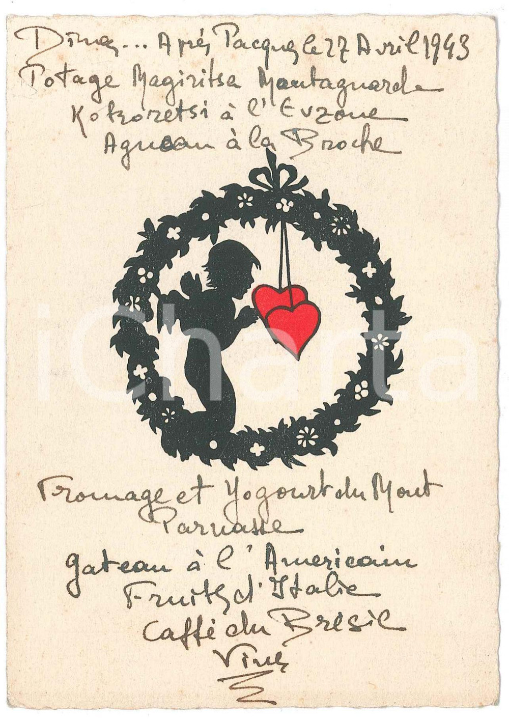 Oggetto da collezione cartaceo 1943 FRANCE ? MenÃ¹ vintage per cena  Amorino con cuori 1