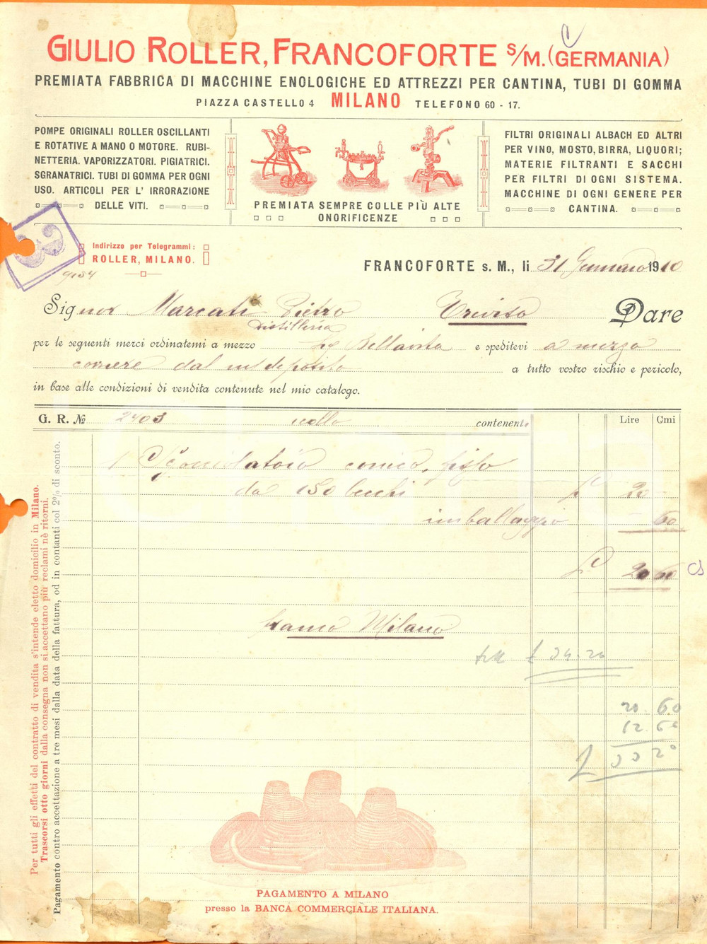 Documento originale, autentico 1910 MILANO Giulio ROLLER macchine enologiche Fattura ILLUSTRATA con torchi 1