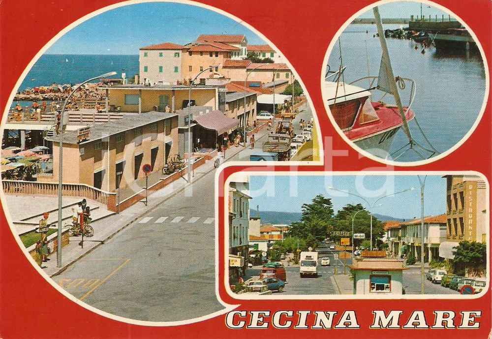 Cartolina originale da collezione 1975 ca CECINA LI Vedutine con lido e molo Cartolina FG VG 1
