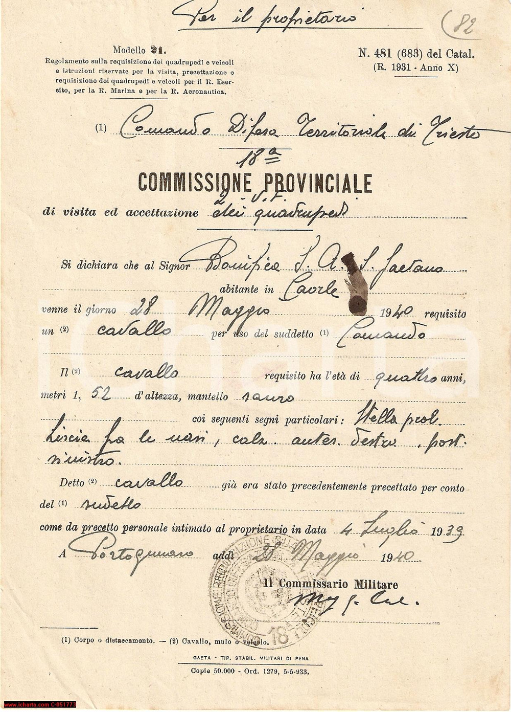 Documento originale, autentico 1940 CAORLE (VE) Requisizione cavallo Bonifica GAETANO 1