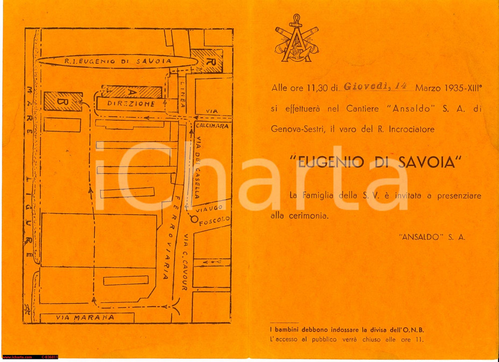 Oggetto da collezione cartaceo 1935 GENOVA Varo Incrociatore Eugenio di Savoia ANSALDO nave INVITO 1