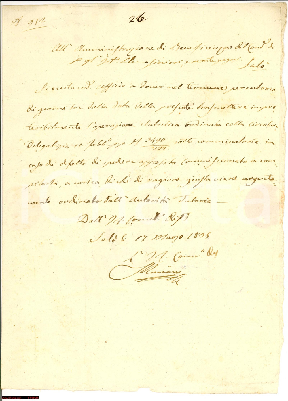Documento originale, autentico 1835 SALO' (BS) sollecito Pio Istituto Elemosiniere 1