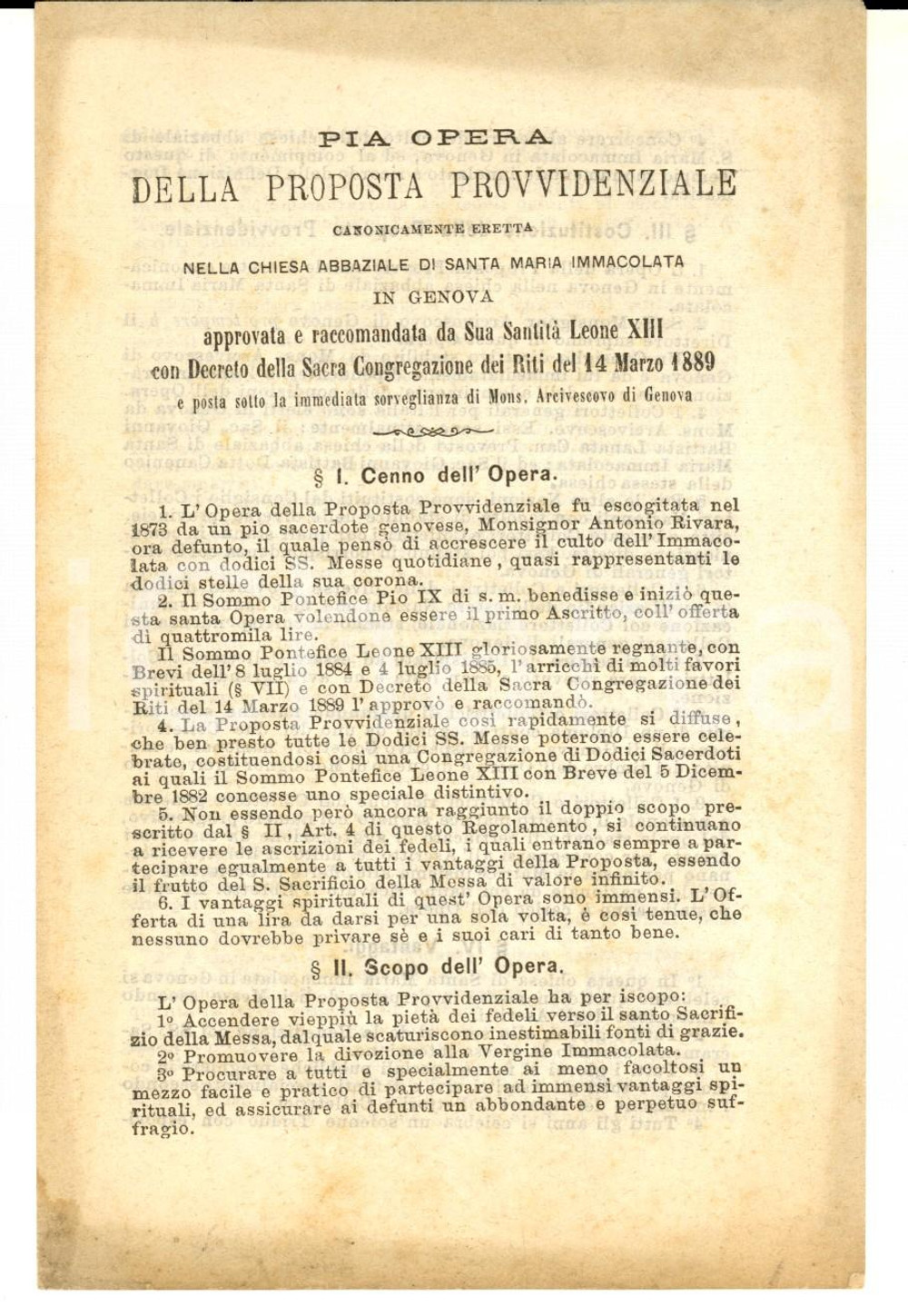 Documento originale, autentico 1899 GENOVA SANTA MARIA IMMACOLATA Statuto Pia Opera Proposta Provvidenziale 1