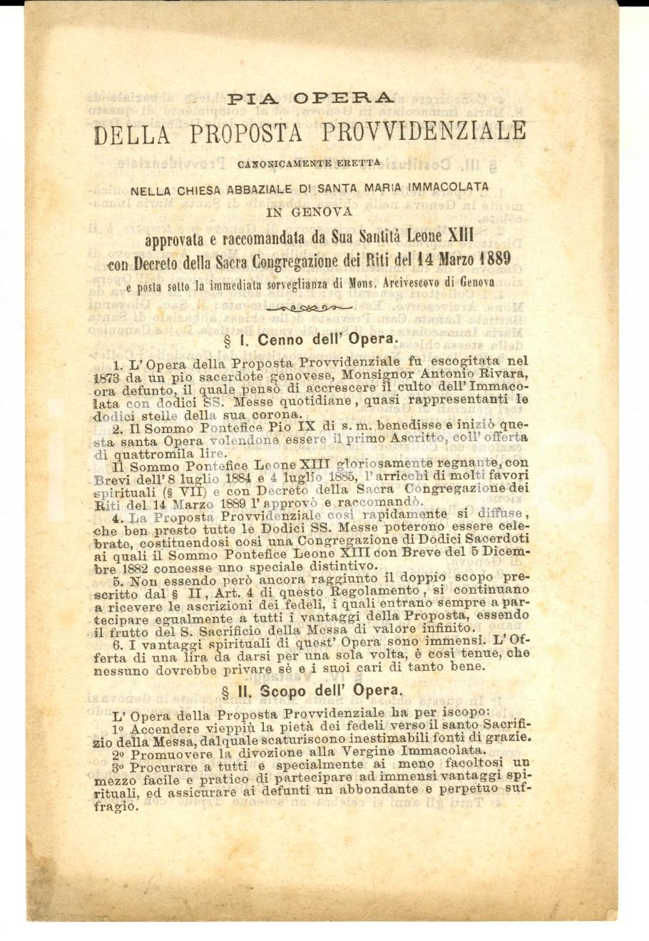 Documento originale, autentico 1899 GENOVA SANTA MARIA IMMACOLATA Statuto Pia Opera Proposta Provvidenziale 1