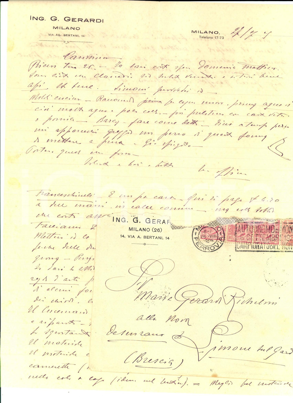 Manoscritto, lettera originale 1925 MILANO Ing. Gian Bonaventura GERARDI su ammodernamento casa *Autografo 1