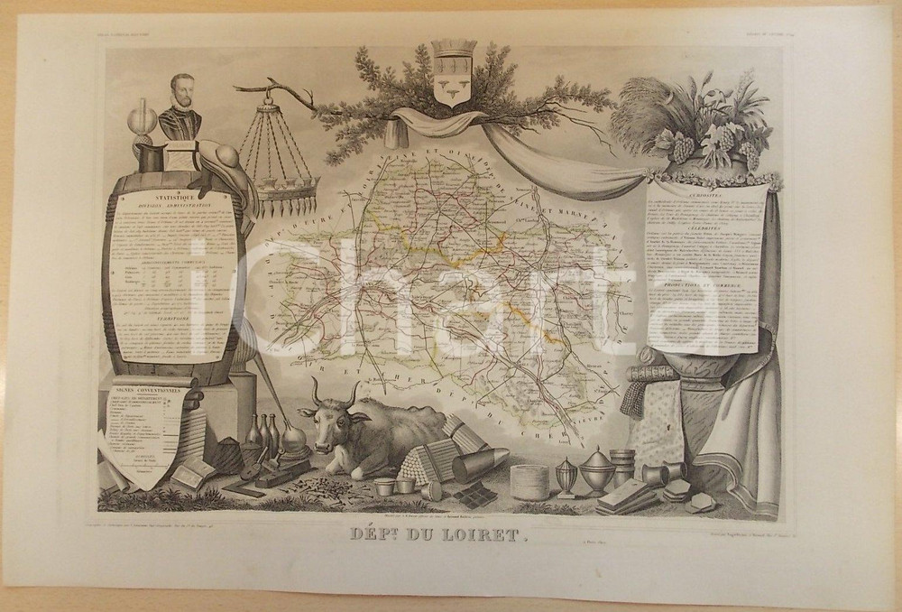 Stampa, bozzetto originale 1861 PARIS Atlas National de la France illustré Département du LOIRET n°44 1