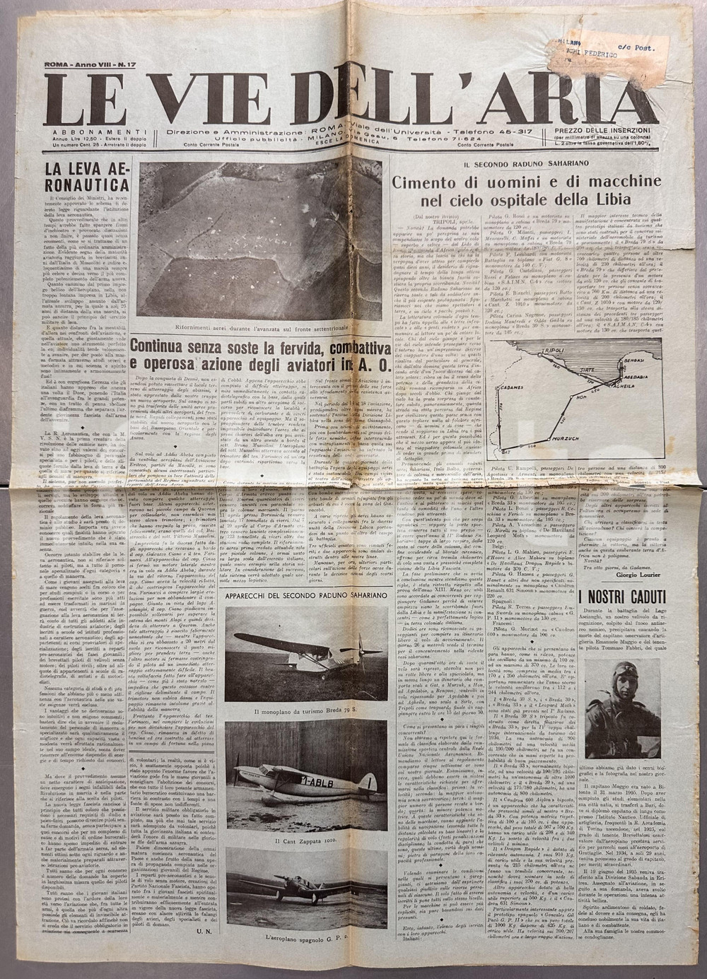 Giornale, rivista storica 1936 LE VIE DELL'ARIA Piloti e aerei secondo raduno SAHARA *Giornale 1