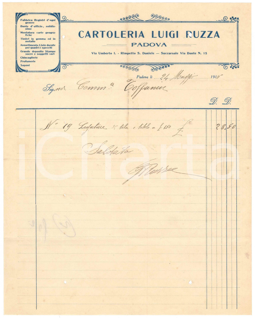 Documento originale, autentico 1915 PADOVA Via Umberto I  Cartoleria Luigi RUZZA  Fattura per legature 1