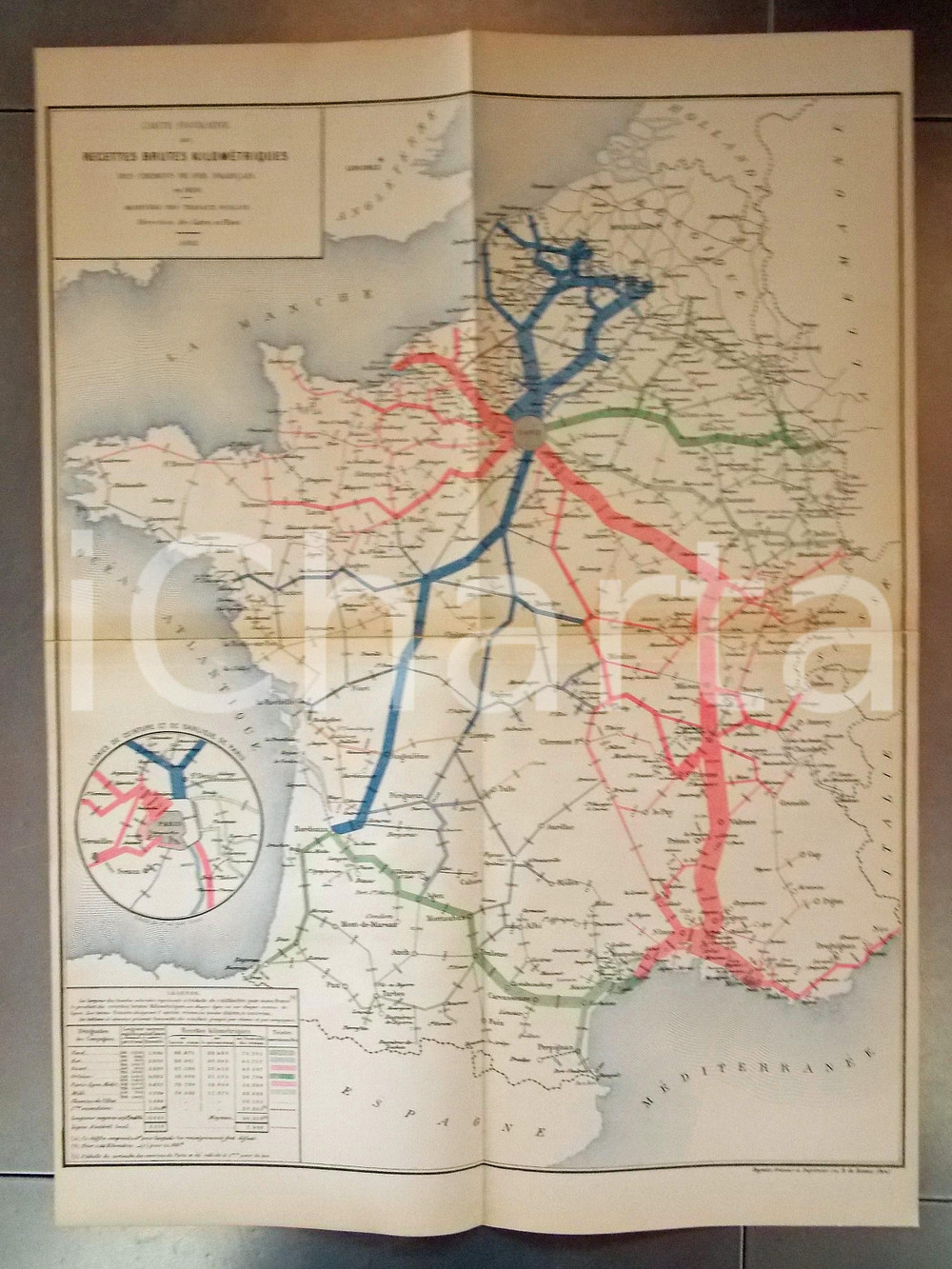 Mappa, planimetria storica 1882 FRANCE CHEMINS DE FER Recettes brutes en 1880 Planche nÂ°16 47x66 1