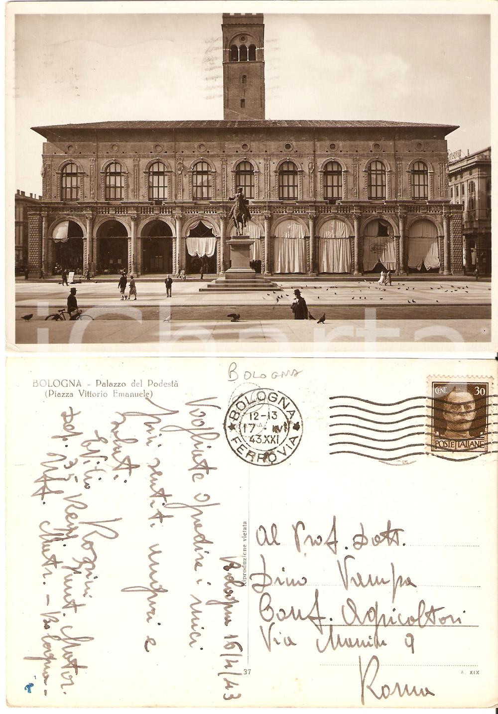 Cartolina originale da collezione 1943 BOLOGNA Palazzo del PodestÃ  Cartolina a Dino VAMPA 1