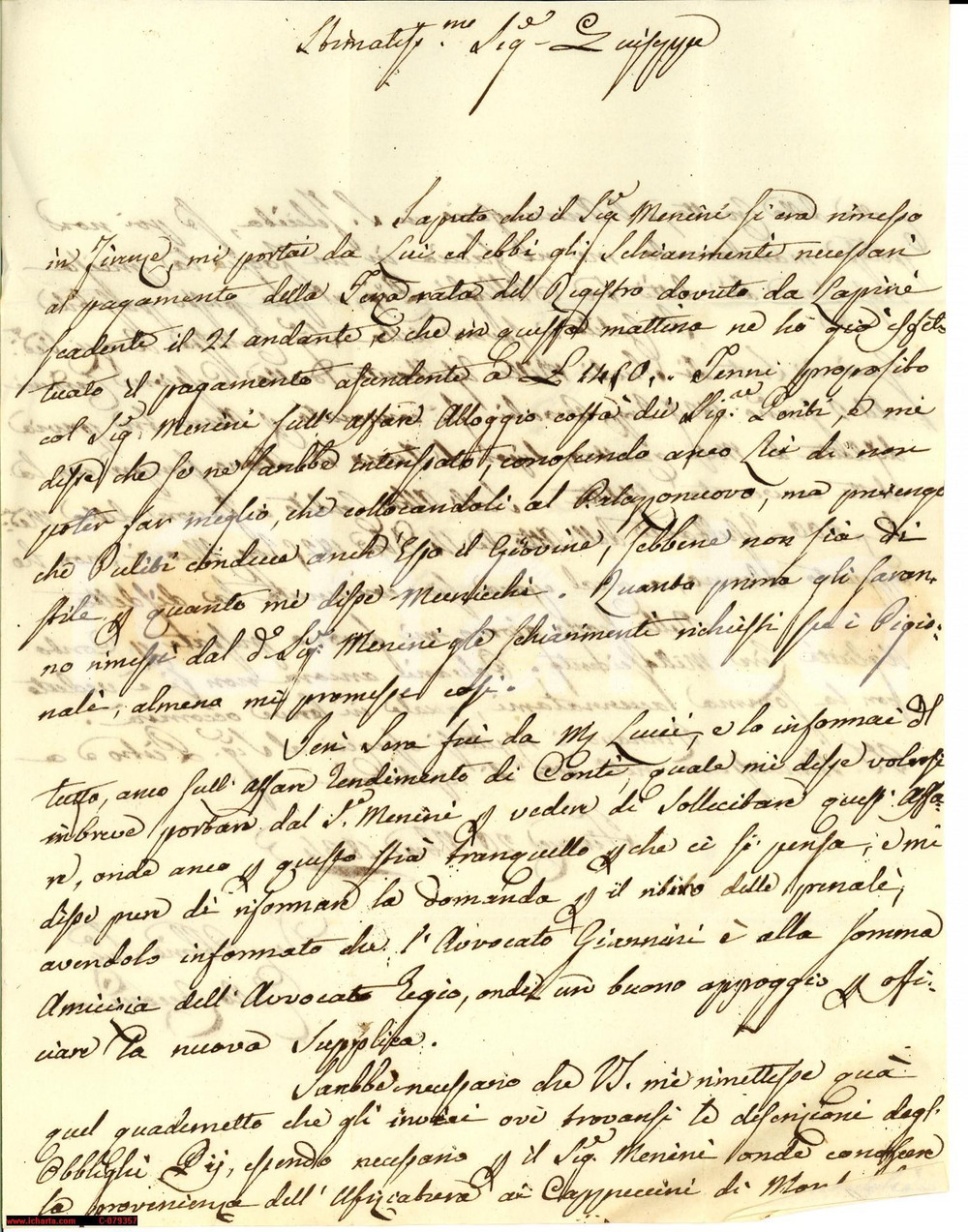 Manoscritto, lettera originale 1834 FIRENZE Obblighi Pii del nobile Giuseppe DEL BIMBO 1