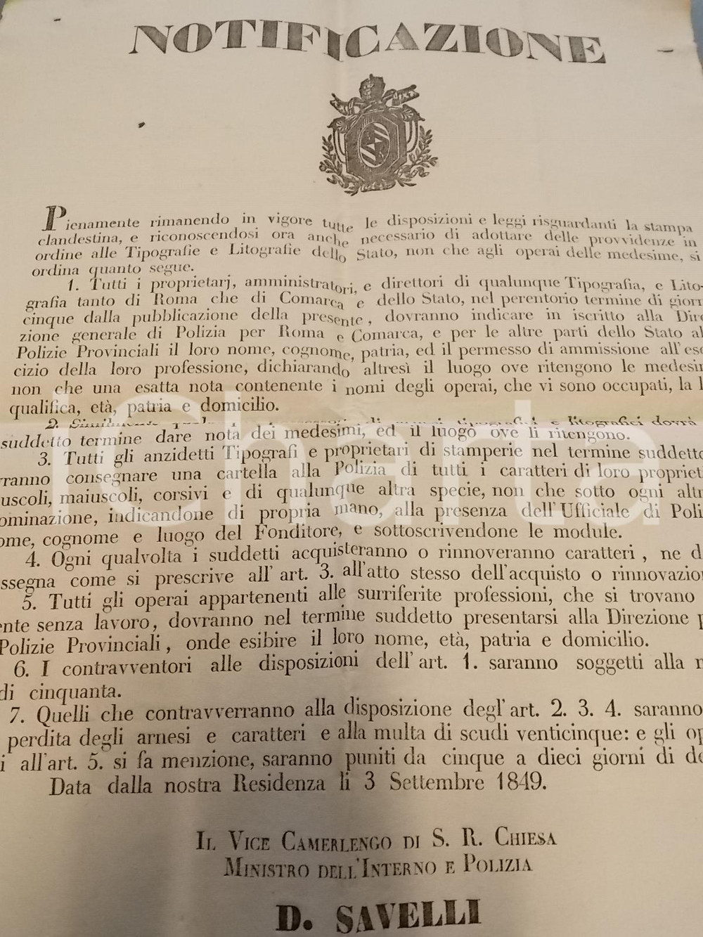 Documento originale, autentico 1849 STATO PONTIFICIO Licenze ai tipografi  Contro la stampa clandestina 1