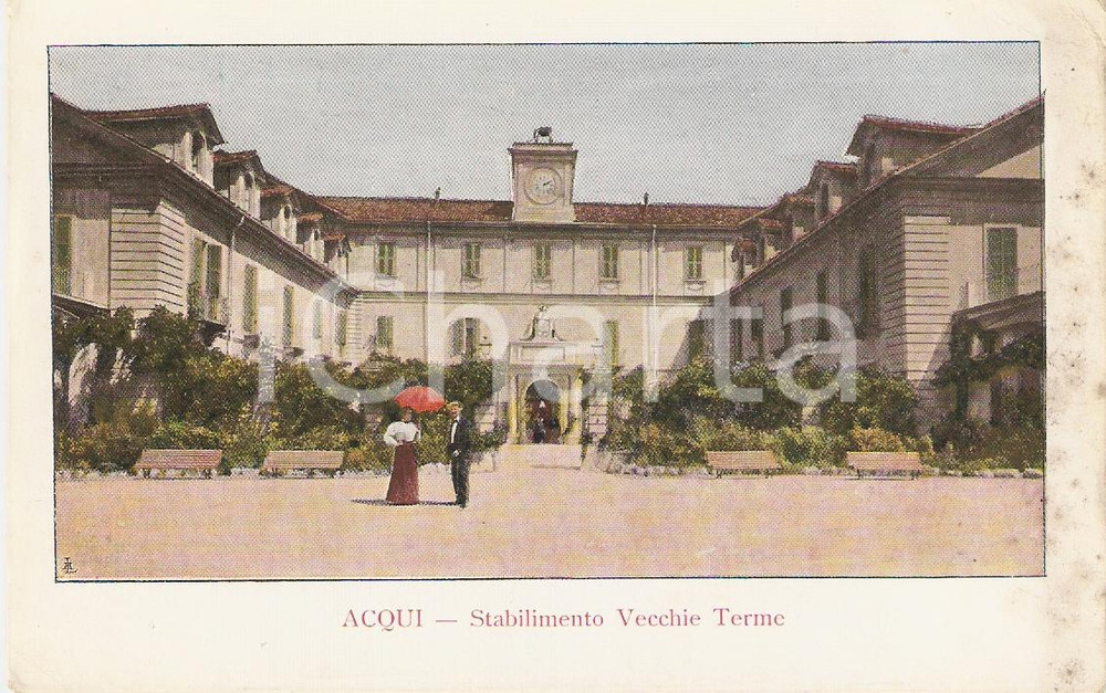 Cartolina originale da collezione 1910 ca ACQUI TERME (AL) Stabilimento Vecchie Terme ANIMATA *Cartolina FP NV 1