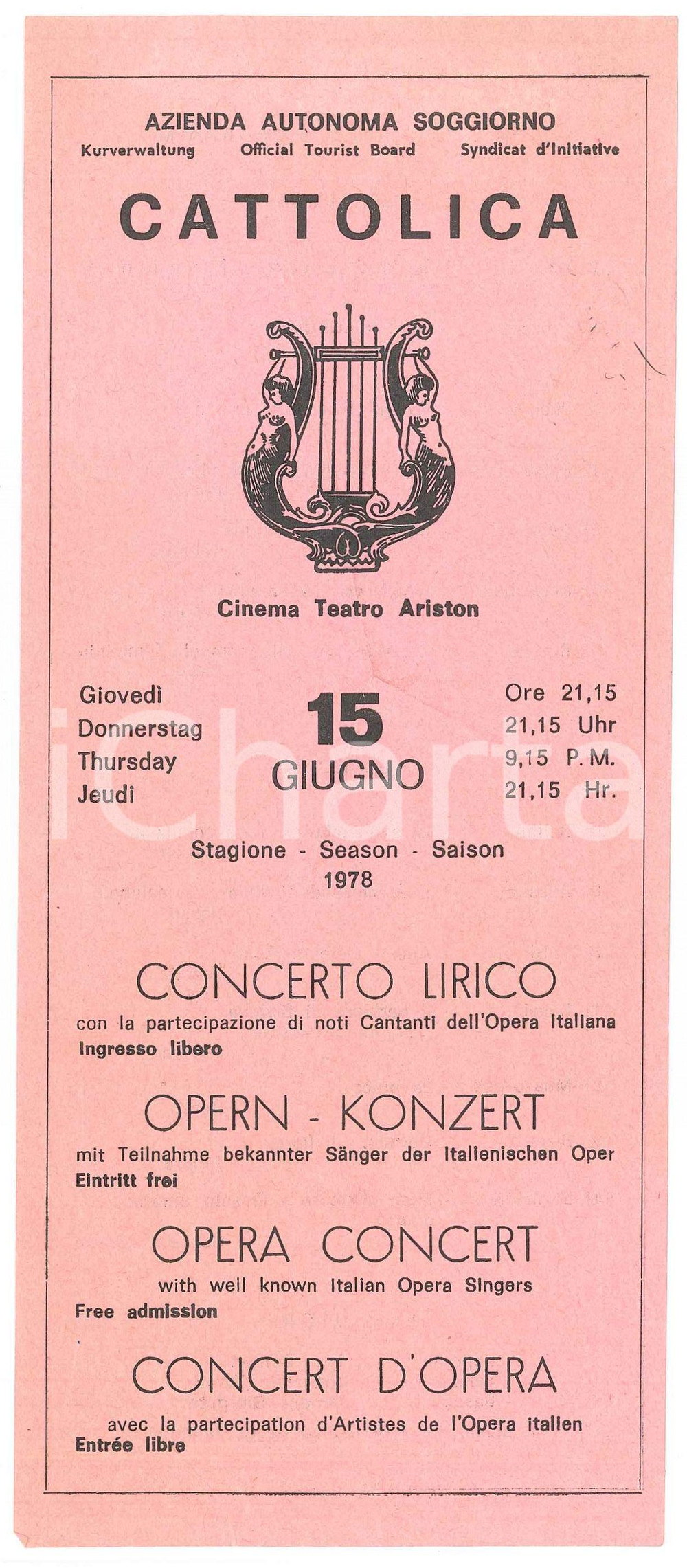 Oggetto da collezione cartaceo 1978 CATTOLICA Teatro Ariston  Concerto lirico con Ivan BENNET Volantino 10x22 1