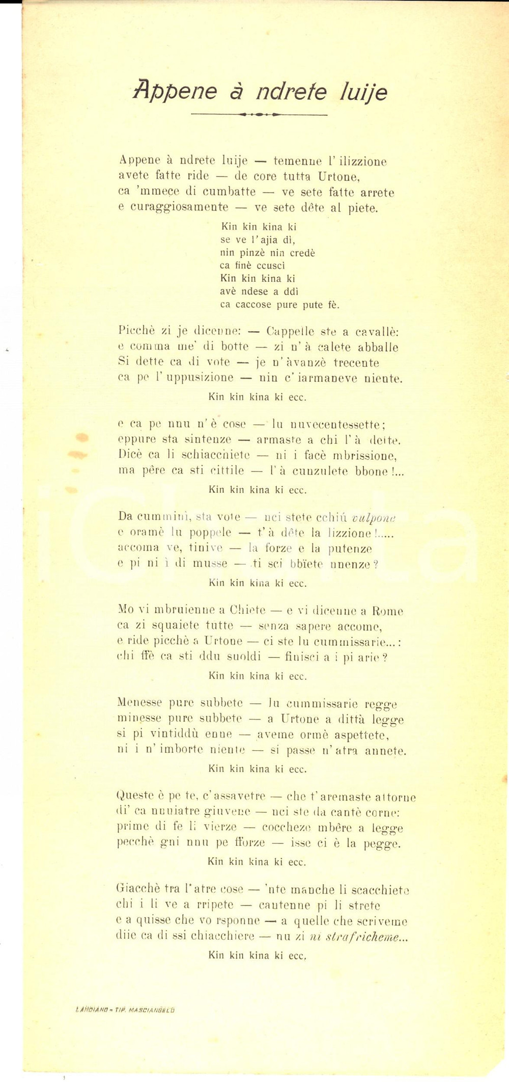 1910 ca ABRUZZO Poesia dialettale "Appene à ndrete luije" - Tip. Masciangelo Volantino a stampa. CONDIZIONI: FAIR (piegature d'epoca)FORMATO: 14x32 cm   originale e autentica 1