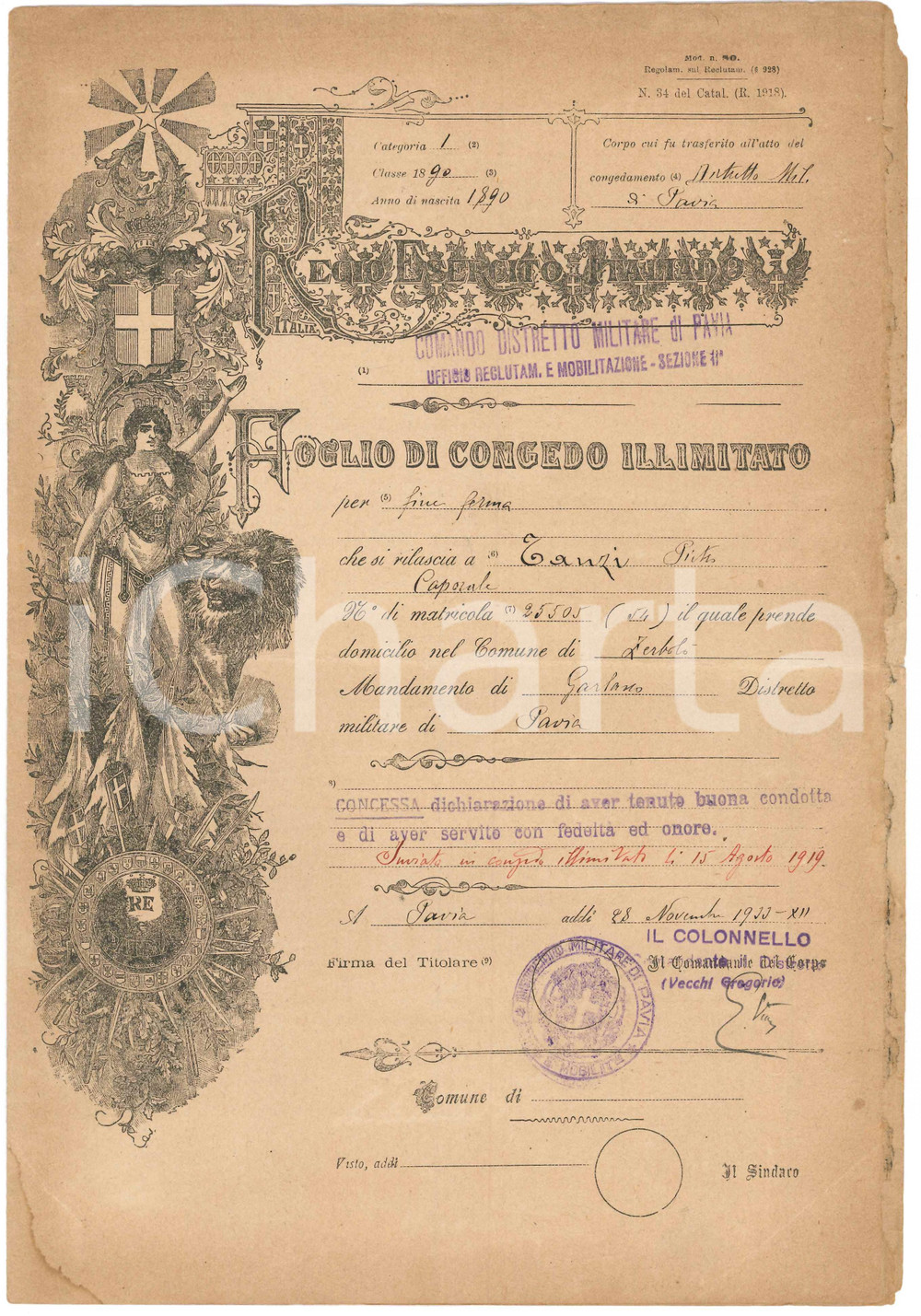 Documento originale, autentico 1919 REGIO ESERCITO  PAVIA Congedo illimitato Caporale Pietro TANZI 1
