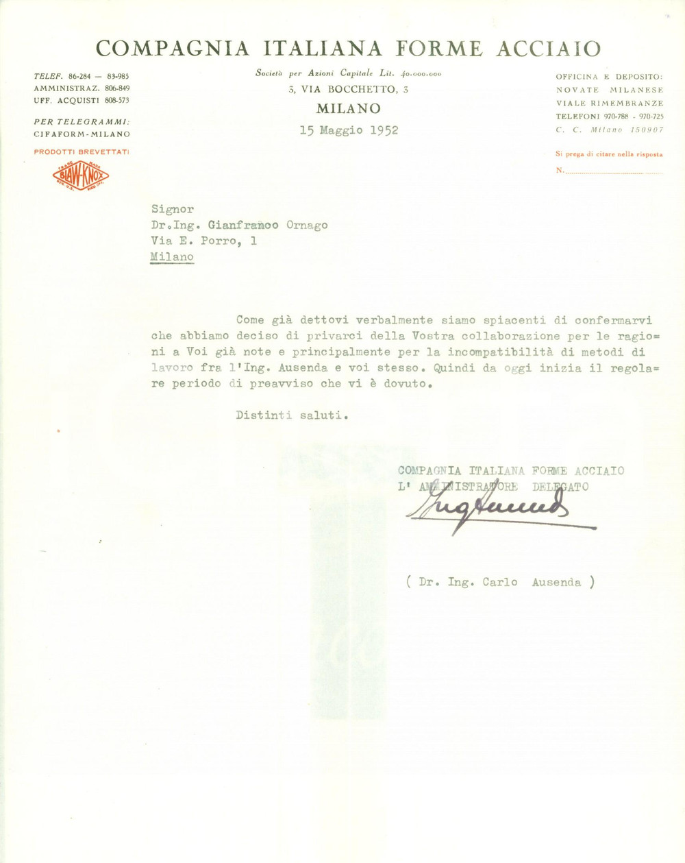 Autografo originale 1952 MILANO Compagnia Italiana Forme Acciaio Carlo AUSENDA licenzia dipendente 1