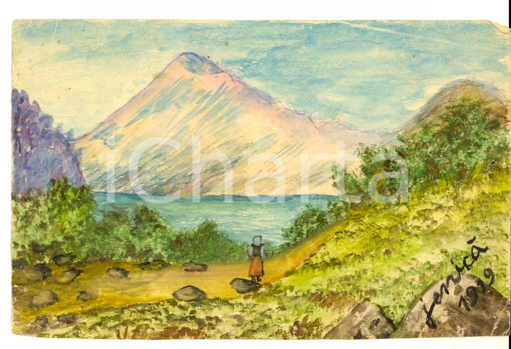 Stampa, bozzetto originale 1919 Veduta pittoresca di montagna Bozzetto FIRMATO JENICA dipinto a mano 1