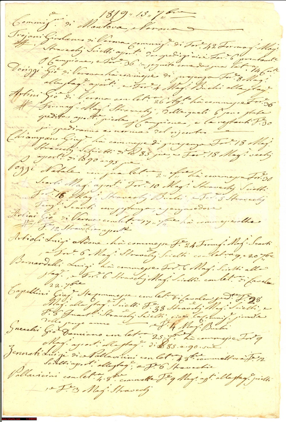 Documento originale, autentico 1819 MANTOVA Ordini formaggi assortiti e di stagione 1