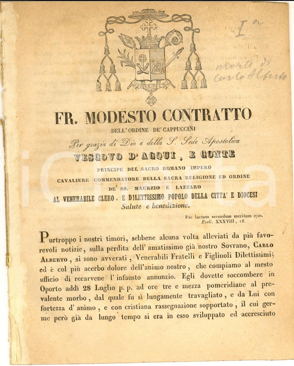Documento originale, autentico 1849 ACQUI TERME Mons. Modesto CONTRATTO  In morte di Carlo Alberto di SAVOIA 1