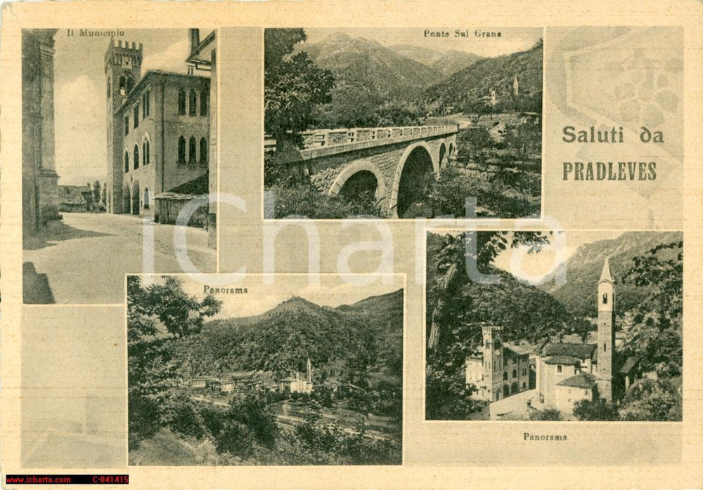Cartolina originale da collezione 1951 PRADLEVES CN Vedutine Municipio chiesa ponte GRANA 1