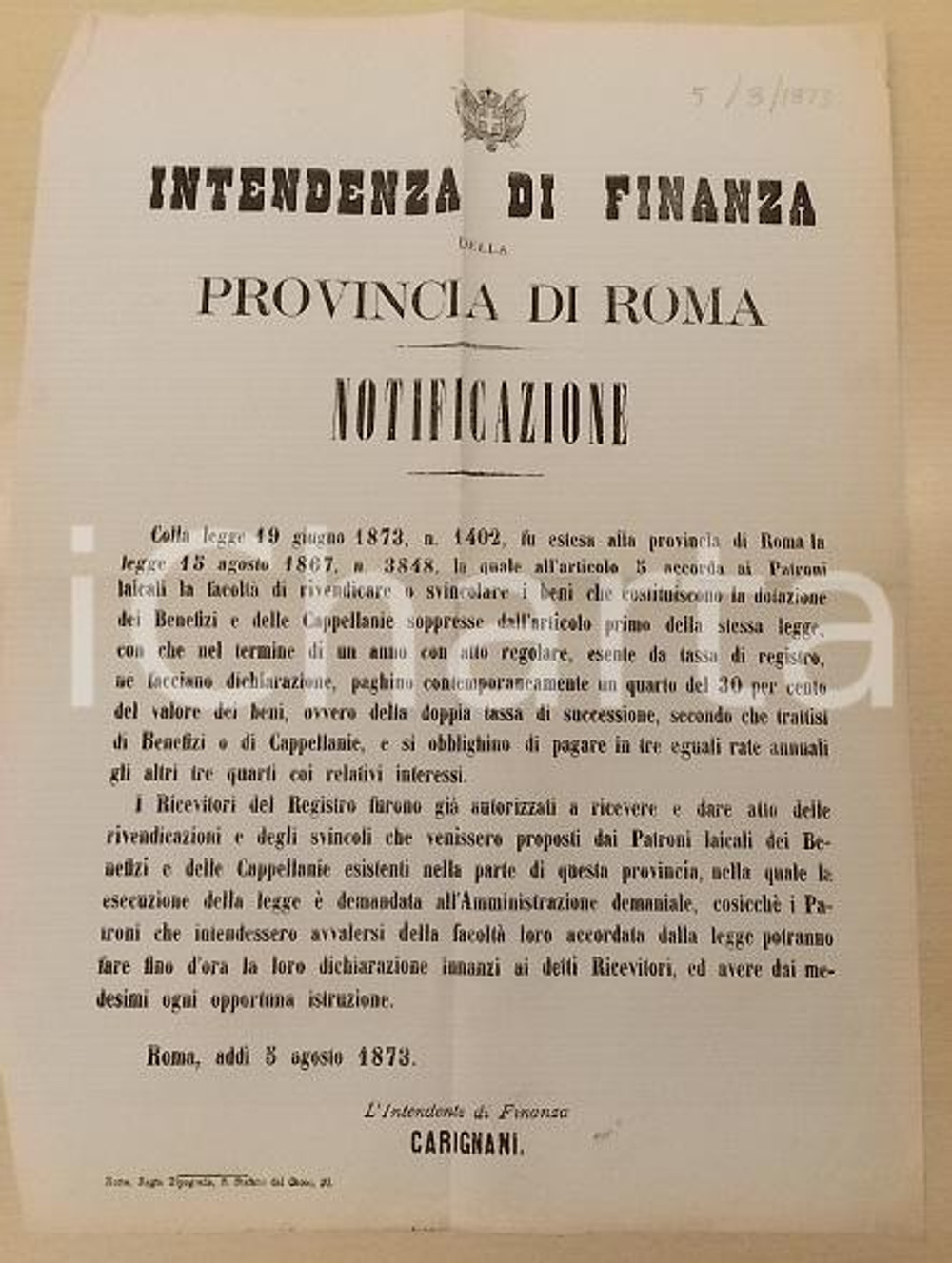 Documento originale, autentico 1873 ROMA Svincolo Benefizi e Cappellanie soppresse Manifesto 1