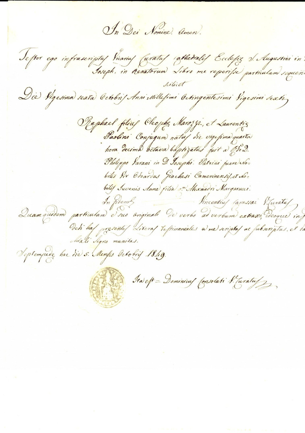 Documento originale, autentico 1849 SAN SEVERINO MARCHE MC Fede di battesimo per docente Raffaele MAROZZI 1