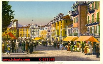 Cartolina originale da collezione 1940 circa LOCARNO (CH) Illustrazione PIAZZA GRANDE FP 1
