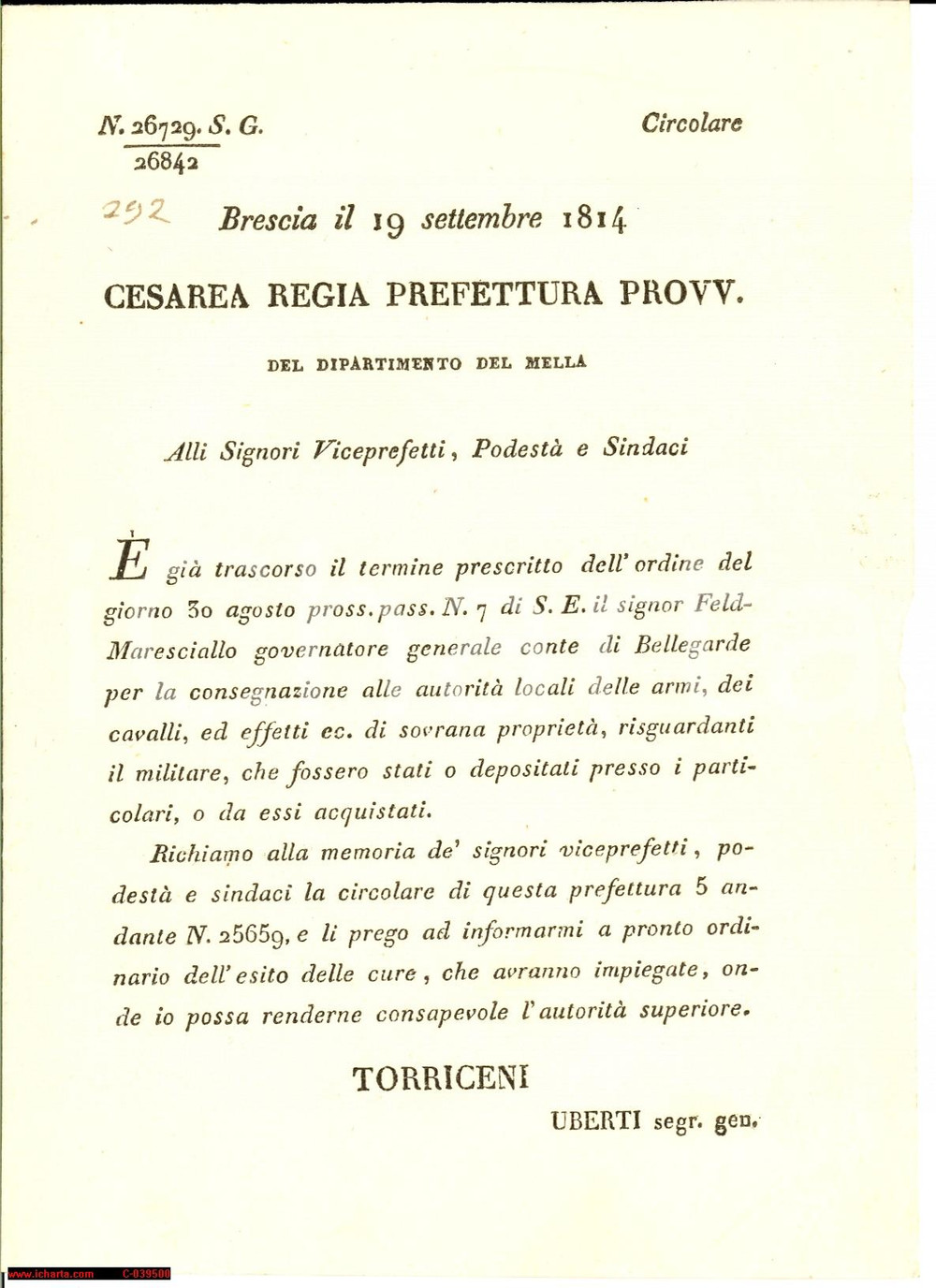 Documento originale, autentico 1814 BRESCIA consegna all'autoritÃ  armi e cavalli regi 1