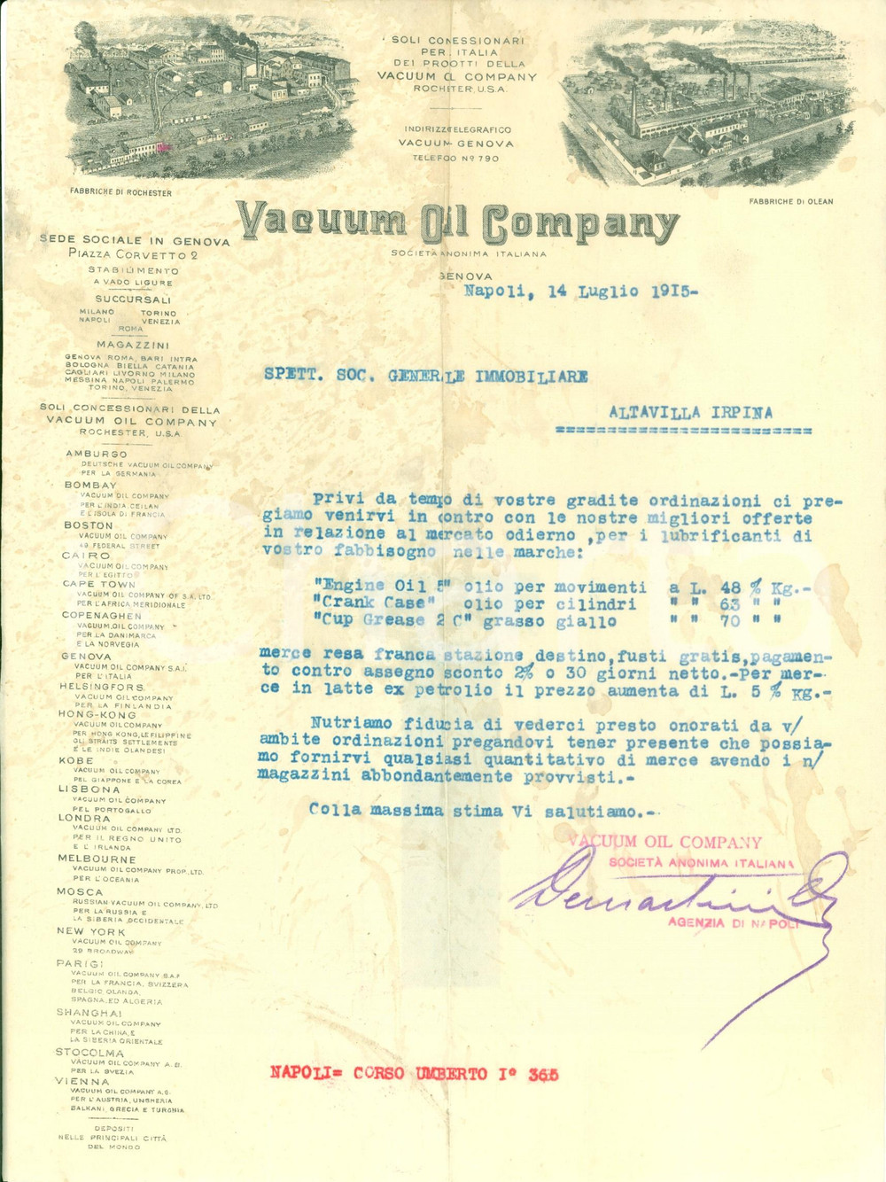 Documento originale, autentico 1915 GENOVA SocietÃ  VACUUM OIL COMPANY offre lubrificanti Lettera DANNEGGIATA 1