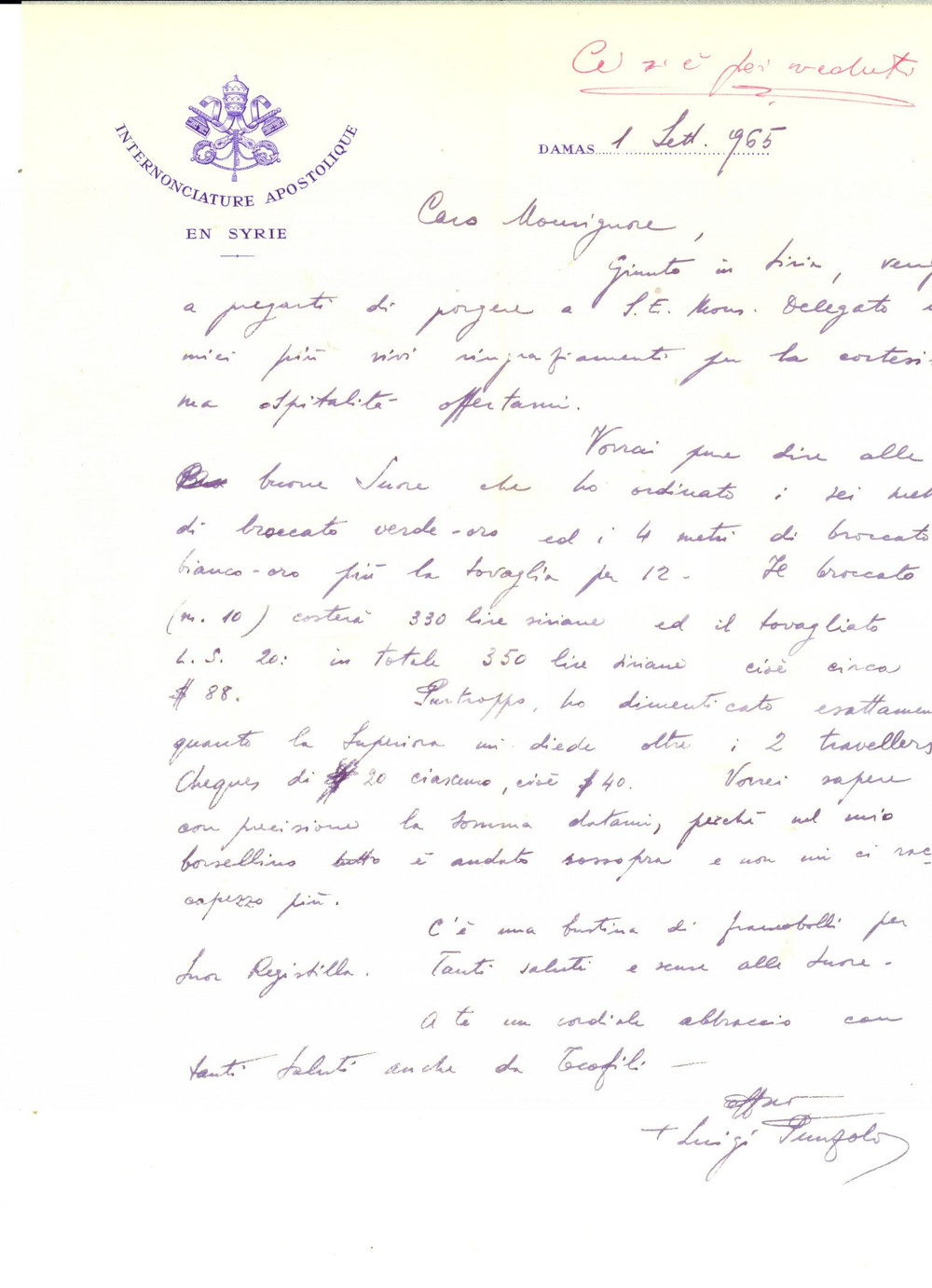 Autografo originale 1965 DAMASCO SIRIA Lettera mons. Luigi PUNZOLO nunzio apostolico Autografo 1