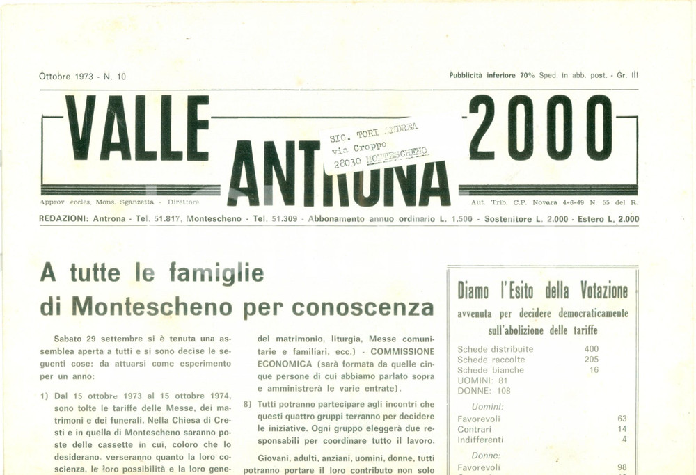 Giornale, rivista storica 1973 Mensile LA VALLE ANTRONA Sul Salone Ricreativo Cinema di ANTRONAPIANA 1