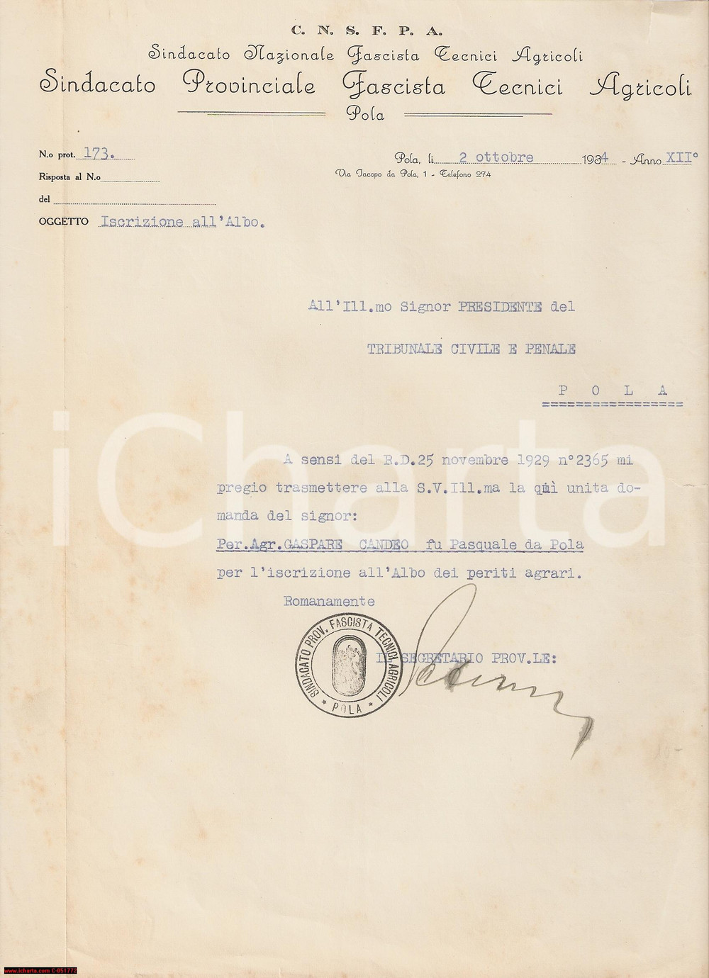 Documento originale, autentico 1934 POLA Iscrizione albo periti agrari Gaspare CANDEO 1