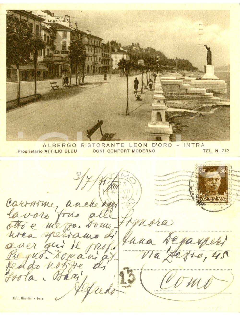 Autografo originale 1935 VERBANIA INTRA Albergo Leon d Oro Autografo Alfredo DEGASPERI alla moglie 1